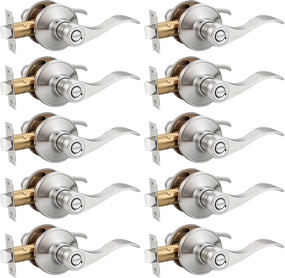 Knobonly 10 Pack Brushed Satin Nickel Door Lever Privacy Door Handles, Zinc Alloy Door Handle Interior, Keyless Lock for Bedroom or Bathroom
