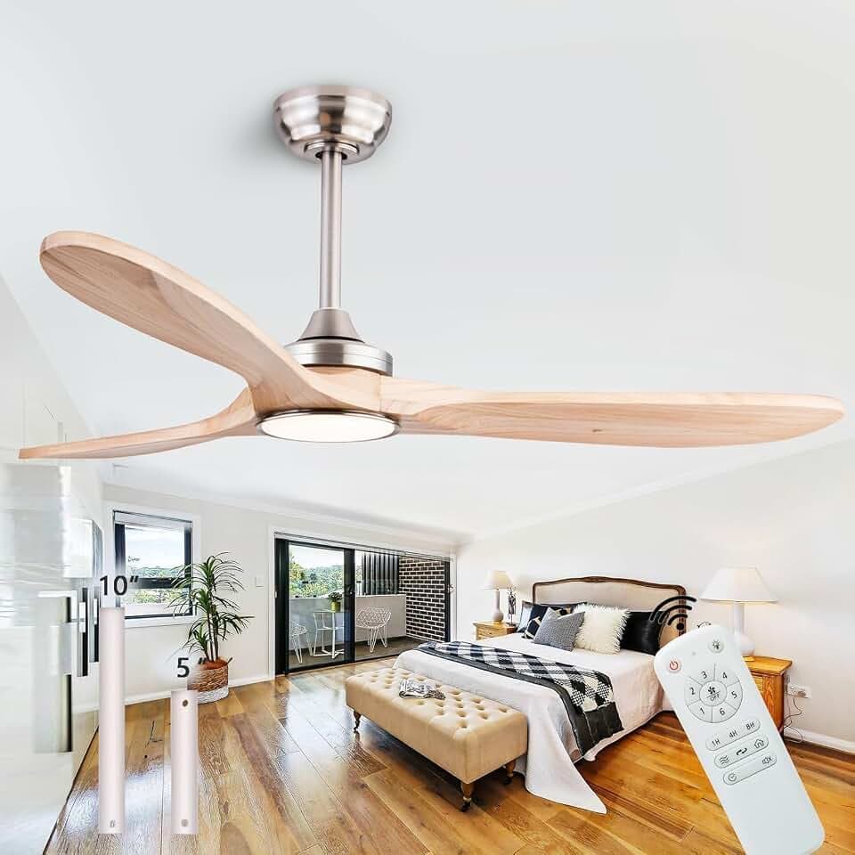 QUTWOB New Ceiling Fan With Light (Nickel+Raw wood, 52 inch, With Light)