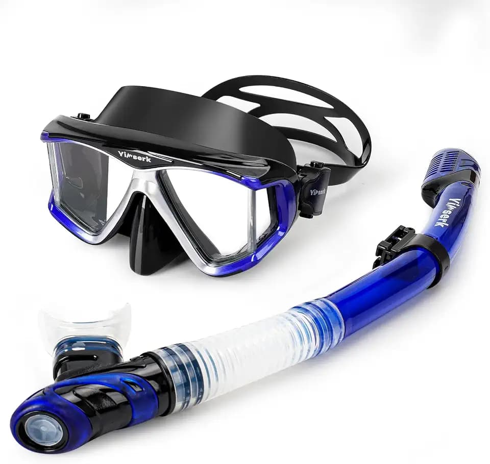 Snorkeling Gear for Adults, Anti-Fog 4-Window Snorkel Mask and Dry Top Snorkel Set, Adult Snorkel Set with Panoramic View, Soft Silicone, Mesh Bag for Scuba Diving, Swimming, Travel