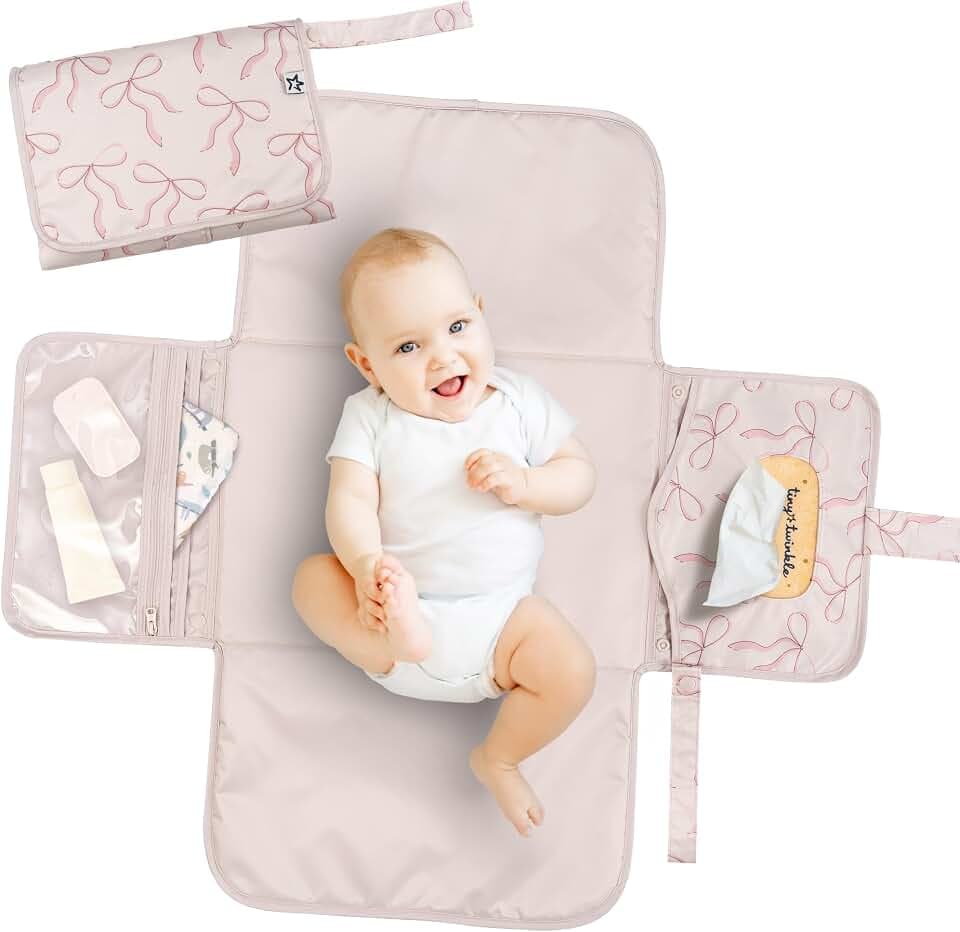 Tiny Twinkle Portable Diaper Changing Pad | Waterproof, Wipeable & Compact Baby Changing Pad for Travel | Smart Wipes Pocket & Organized Storage| Newborn Shower Gift (Bows)