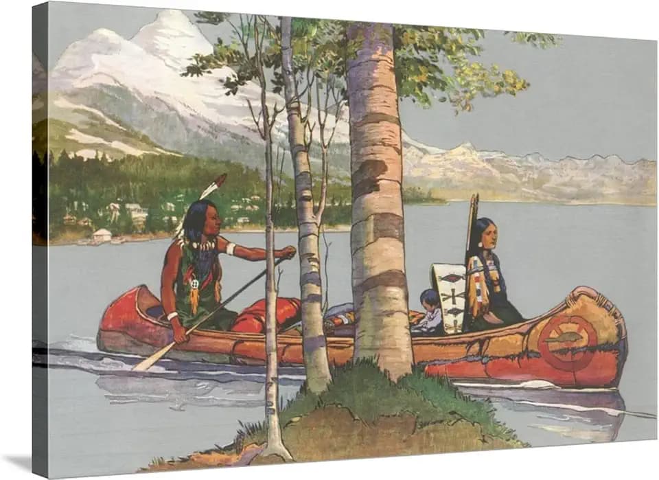 ART.COM Stretched Canvas Print Indians in Canoe, 36" x 24"