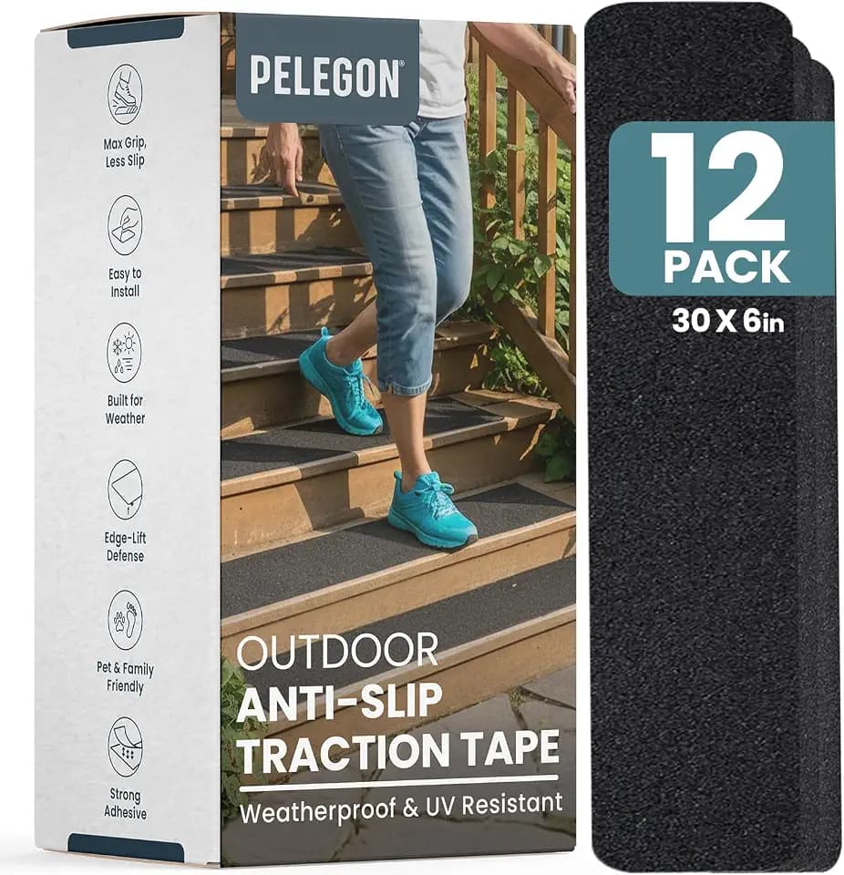 PELEGON Outdoor Stair Treads Non-Slip for Wooden Steps (12 Stairs) 6"x30" Heavy Duty Waterproof Anti Slip Traction Tape, Black Grip Tape Treads Outdoor for Wood, Decks, Ramps