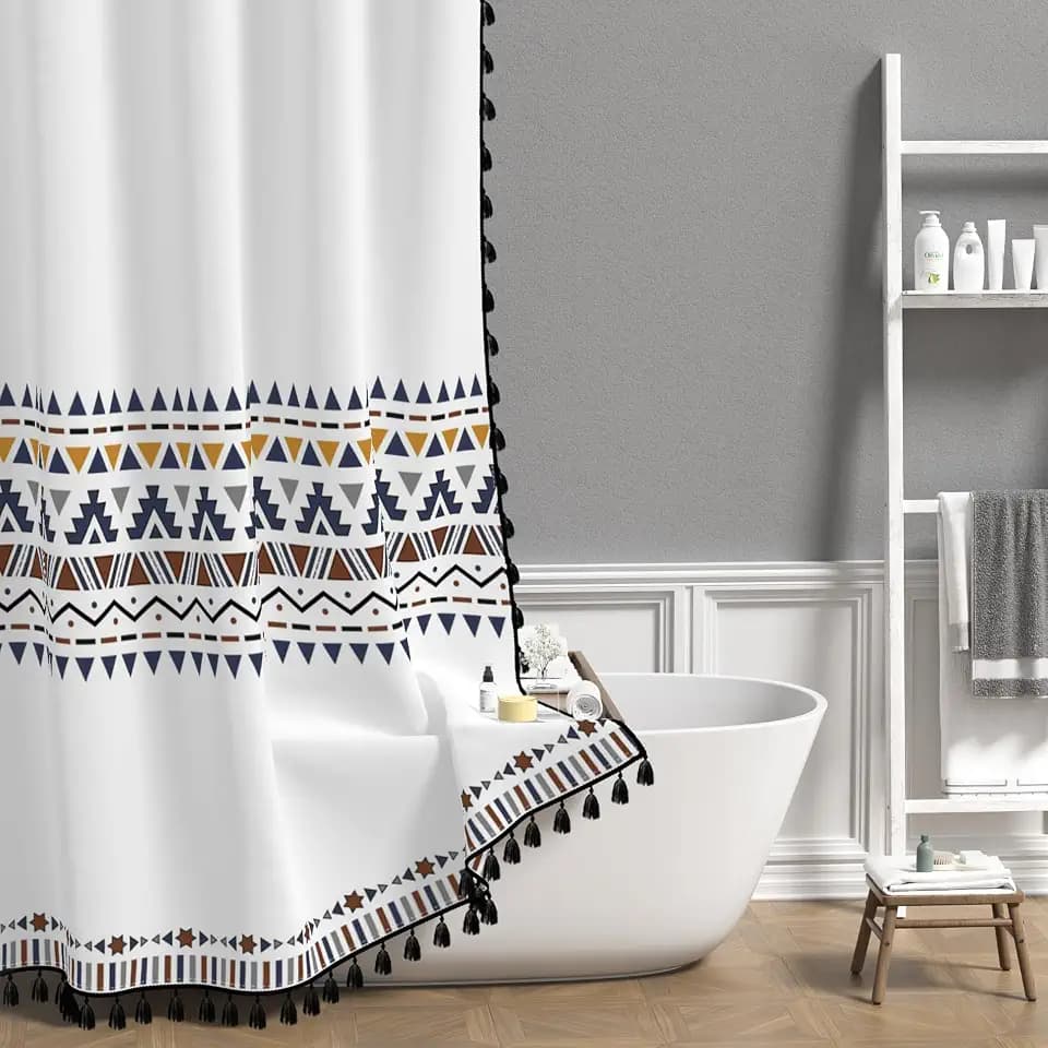 AOFOTO White Boho Shower Curtain with Black Tassel Chic Triangle and Geometric Waterproof Shower Curtain Modern Minimalist Bath Curtain Family Bathtub Bathroom Home Decor with Hooks 72x72 Inch