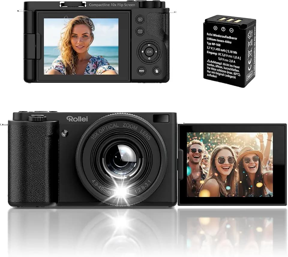 Rollei 64MP 4K Digitalkamera Compactline 10X Flip Screen 10X Optischer Zoom