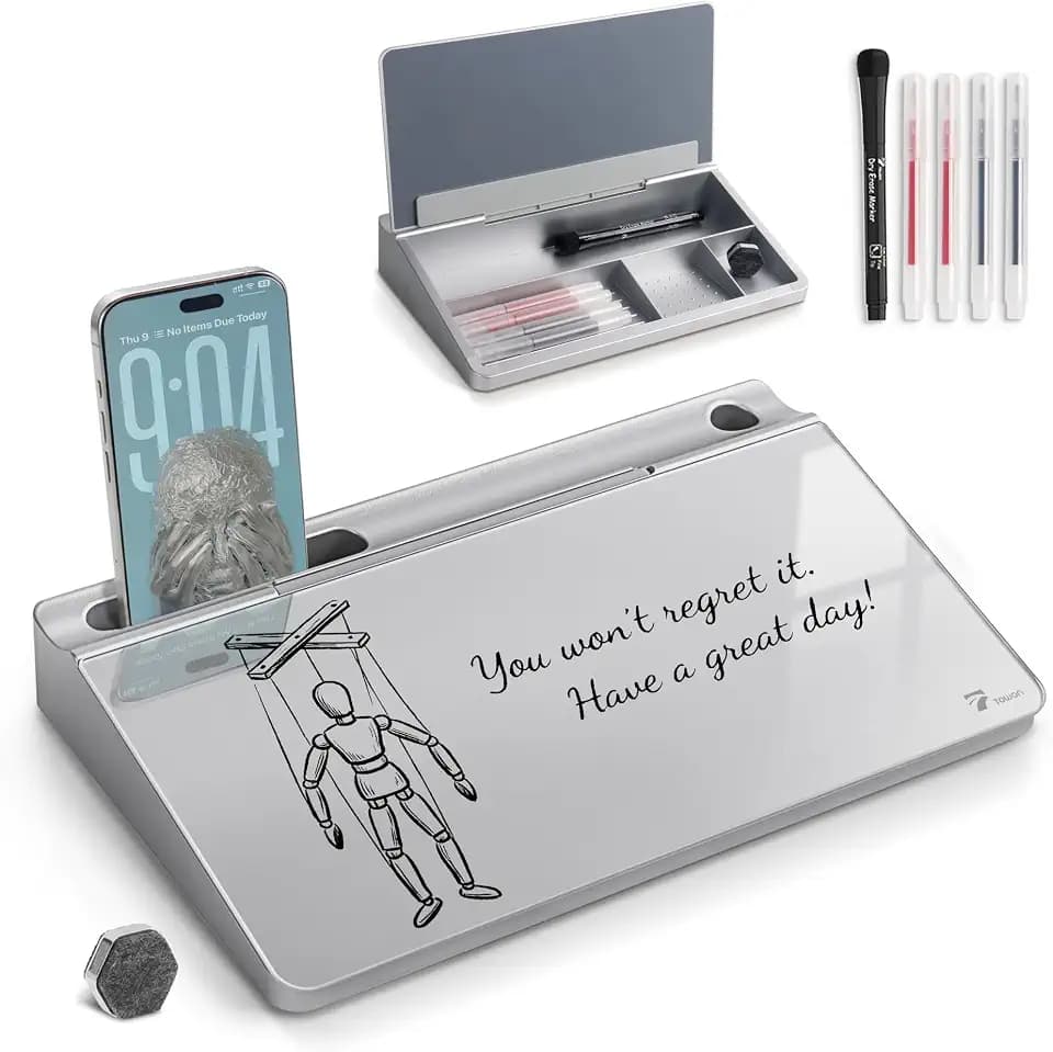 TOWON Glass Desktop Whiteboard with Storage 12x7 in, Metallic Silver