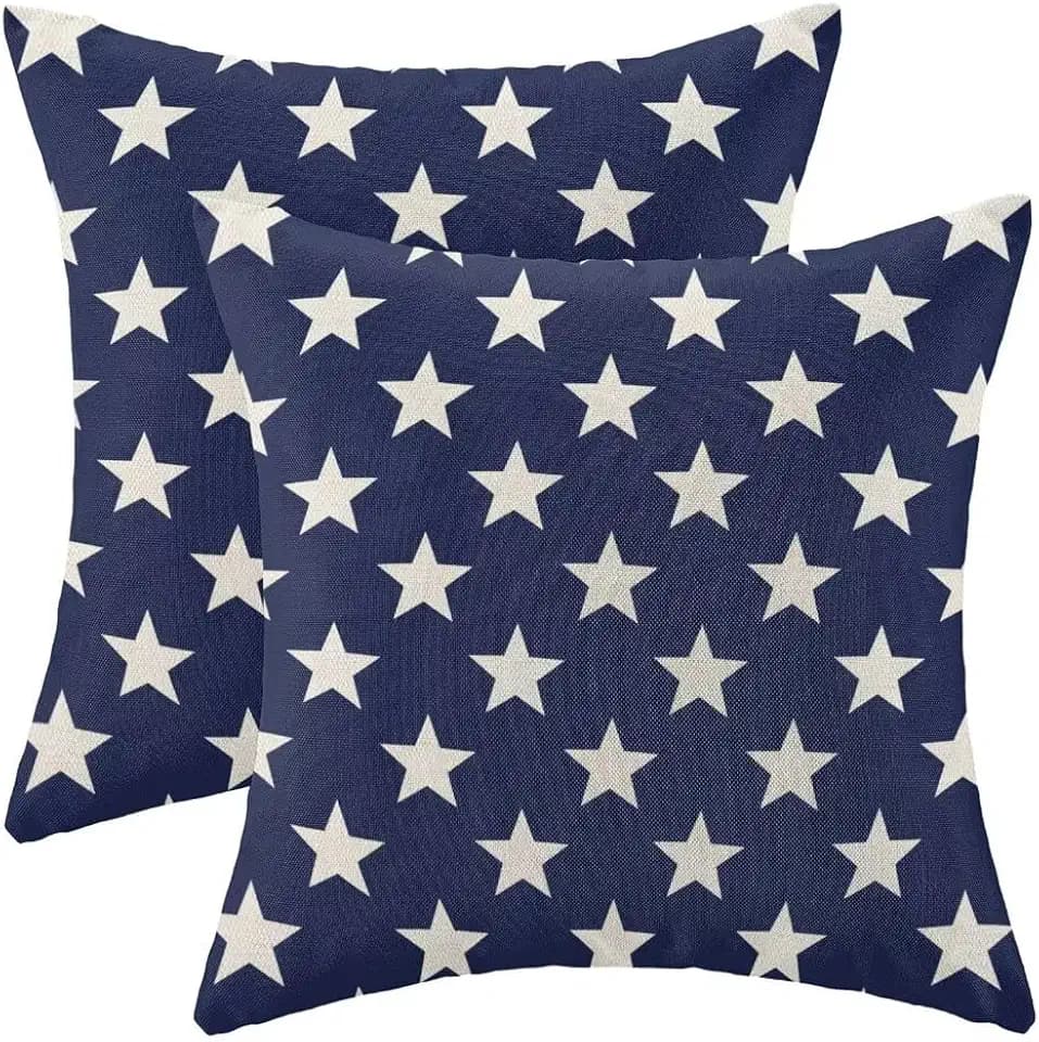 AEIOAE 4th of July Decorations Pillow Covers 24x24 Inch Set of 2, Independence Day Patriotic Navy Blue Stars Throw Pillows Linen Farmhouse Holiday Cushion Case for Sofa Living Room Outdoor Decor