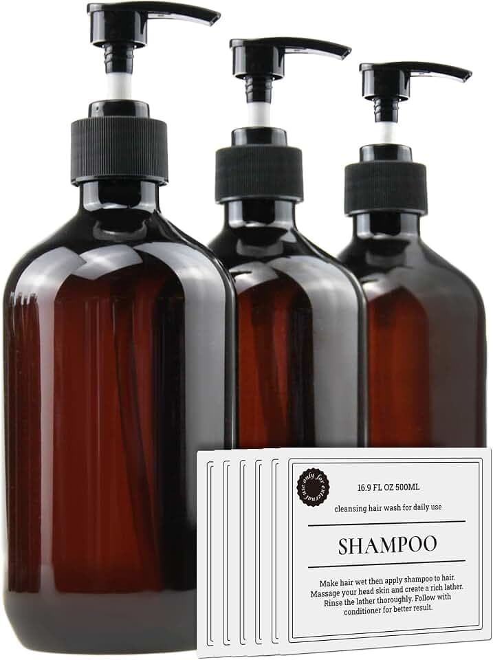 Empty Plastic Bottles with Pump Dispenser, Amber, 500ml/16.9oz, 3 Pack