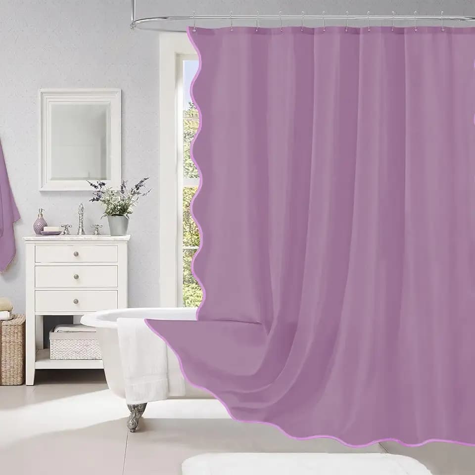 ORTIGIA Scalloped Purple Shower Curtain 72 W x 84 H Inch Extra Long, Purple Lavender Shower Curtains Pretty Elegant Cute Modern Aesthetic Waterproof Fabric Bath Bathroom Decor with Metal Hook