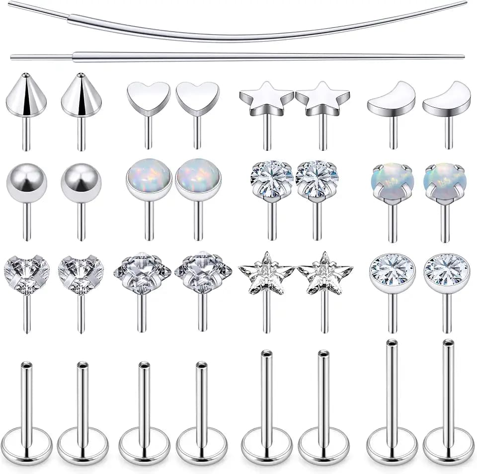 20/18/16G Threadless Nose Rings Flat Back Stud Earrings Piercing Jewelry for Women Men 6/7/8mm Push In Bar Cartilage Tragus Lip Medusa Monroe Labret Stud Hypoallergenic Surgical Steel