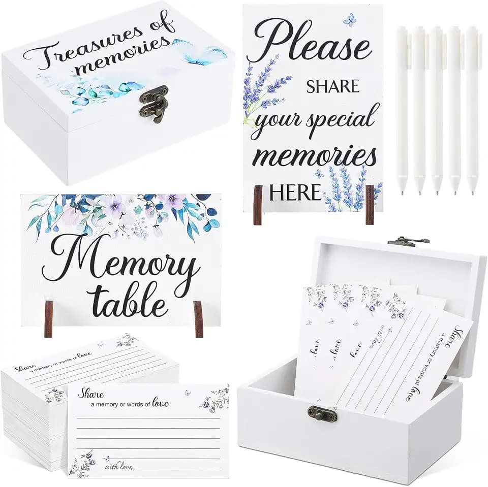 Gilprop 112 Pcs Celebration of Life Memory Cards Set Share a Memory Cards with Box 2 Wood Sign with 4 Hold and 5 Pens, Sympathy Memorial Gifts Funeral Keepsake Decorations (Butterfly)
