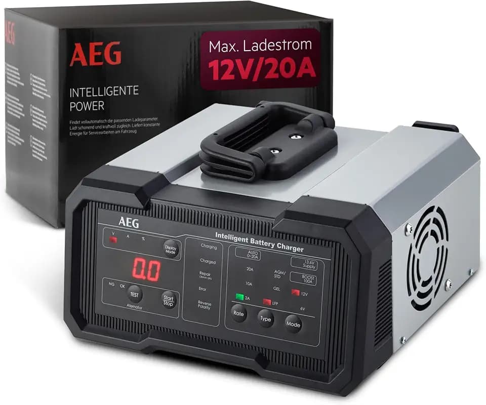 AEG Batterieladegerät CW20, für 6/12 V Batterien, 20A, automatische Ladefunktion, umfangreicher Sicherungsschutz, Erhaltungsfunktion, Ladestatusanzeige in Prozent, LED-Display