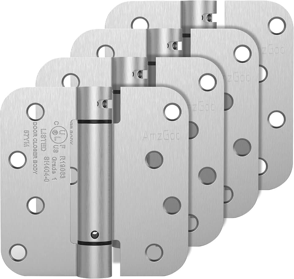 Self Closing Door Hinges 4 Inch, Brushed Nickel Spring Loaded Hinges 5/8'' Radius Corners, Adjustable Tension for Exterior, Garage, Front and Back Doors, Heavy Duty UL Listed 4 Pack