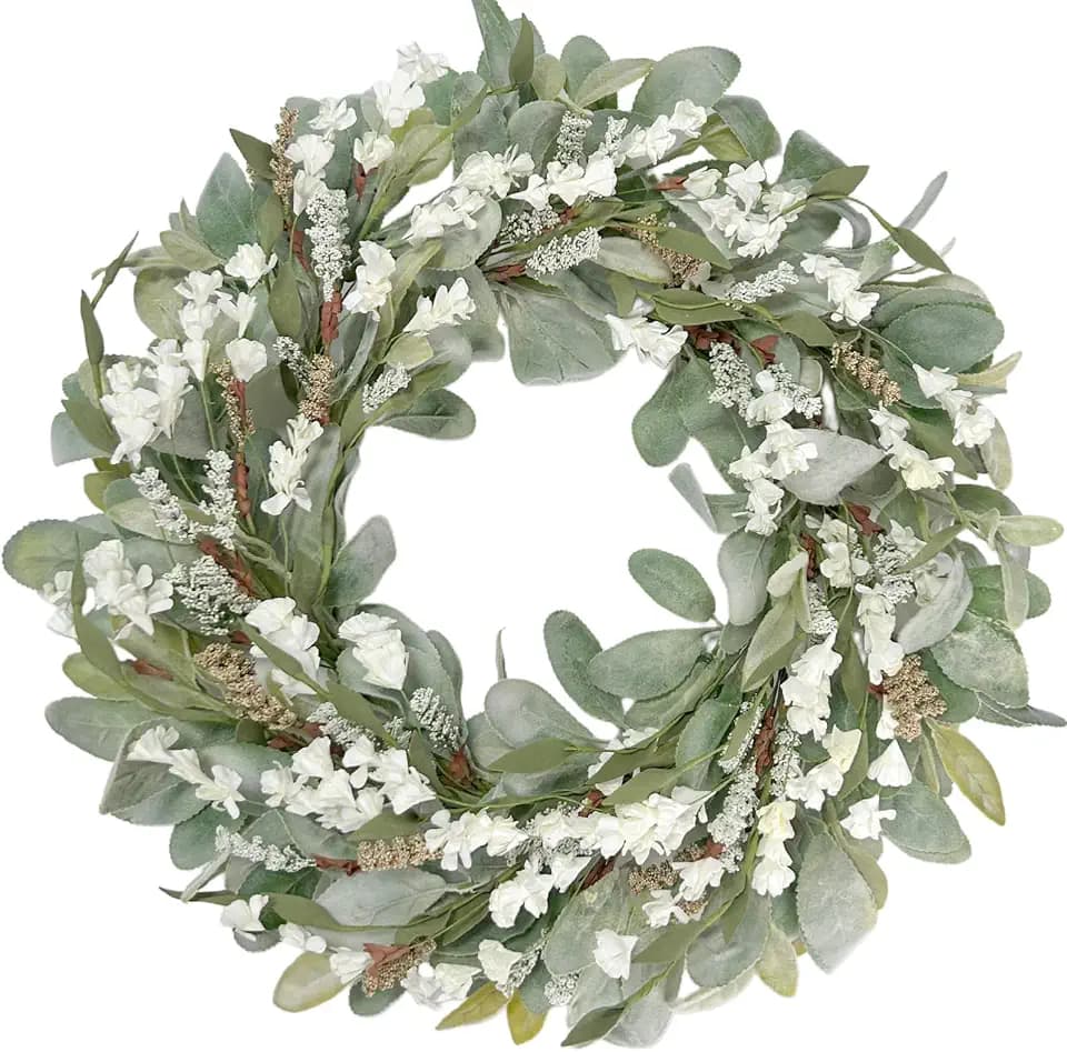 22 Inch Spring Summer Lamb Ears Leaves Wreath with Ivory Forsythia Flower, Year Round Greenery Floral Wreath for Front Door, All Seasons Rustic Farmhouse Everyday Wreath for Indoor Outdoor Decor