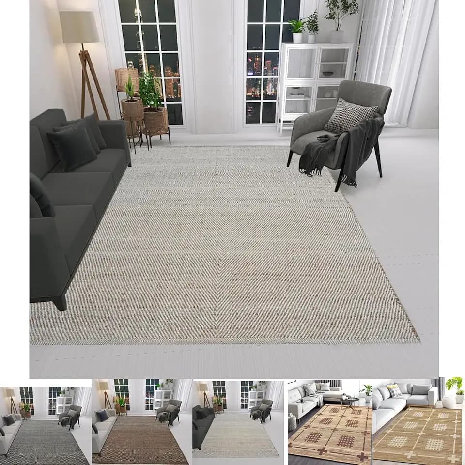 Jute Area Rug, Diamond Design, Natural Base with Colored Threads, Multiple Sizes and Colors (Off White, 6'7" X 9')