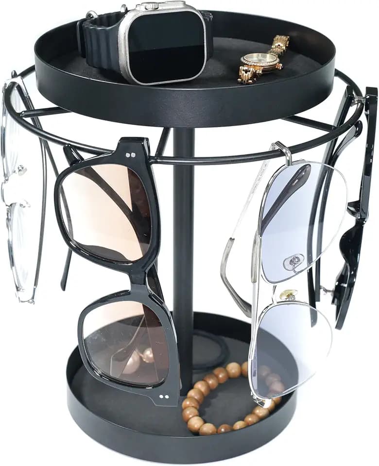 360° Rotating Sunglass Organizer Stand with Jewelry Tray, Black