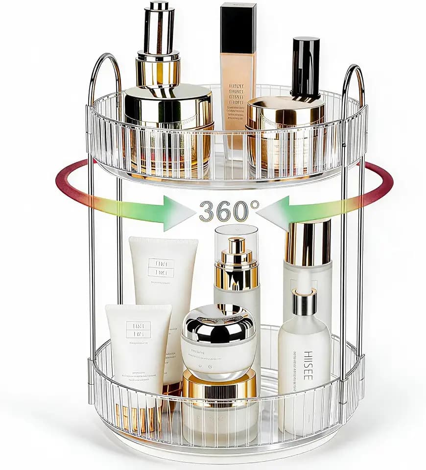 360 Rotating Makeup Organizer, 2 Tier Lazy Susan Bathroom Counter Organizer, Skincare Organizers, Spinning Perfume Organizer & Vanity Organizer Countertop (Silver Clear, 2 Tier)