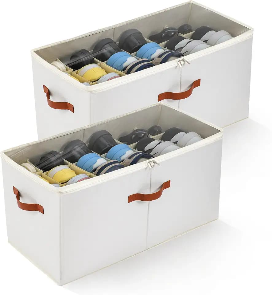 2-Pack Extra Large Shoe Organizer for Closet, Foldable Shoe Storage Container with Adjustable Dividers & Clear Lid, Holds Up to 18 Pairs, Space-Saving Shoe Boxes, White
