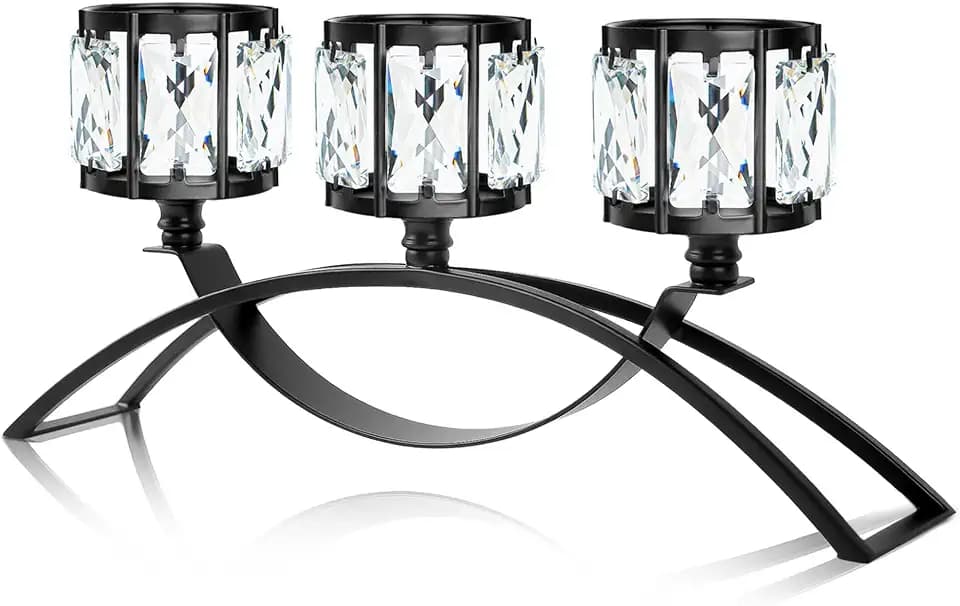 3 Arms Crystal Bowl Tealight Candelabra Votive Candle Stand, Wedding centerpieces for Tables Crystal Candlestick,Centerpiece Table Decorations (Black)