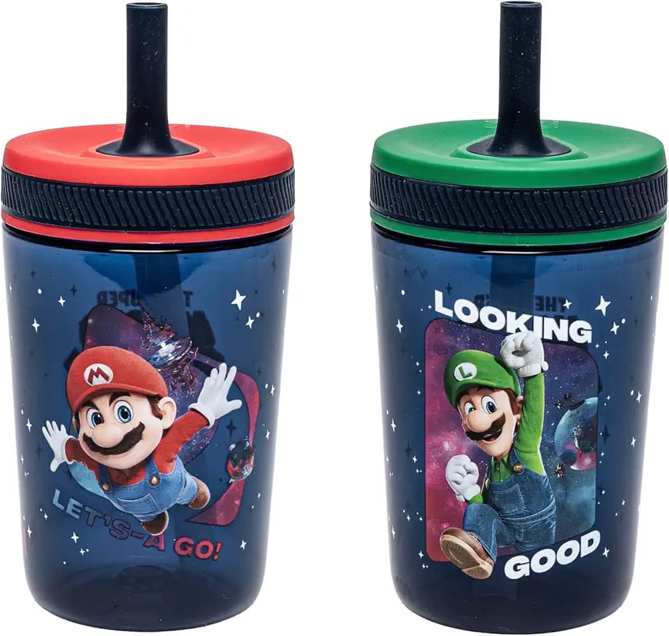 Zak Designs Super Mario Kelso 15oz Leak-Proof Toddler Straw Cups, 2-Pack
