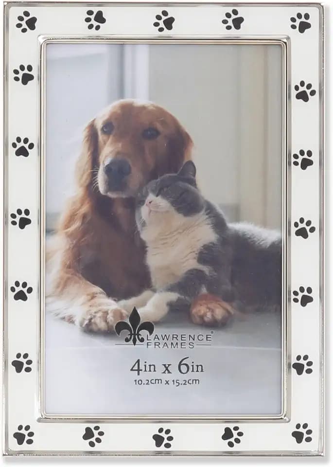 4x6 Silver Metal and White Enamel Picture Frame, Paw Print Design