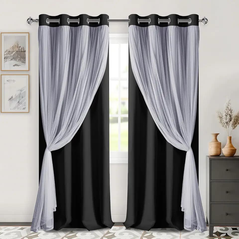 DWCN Black Blackout Curtains with Sheer Overlay with Tiebacks 96 Inch Long