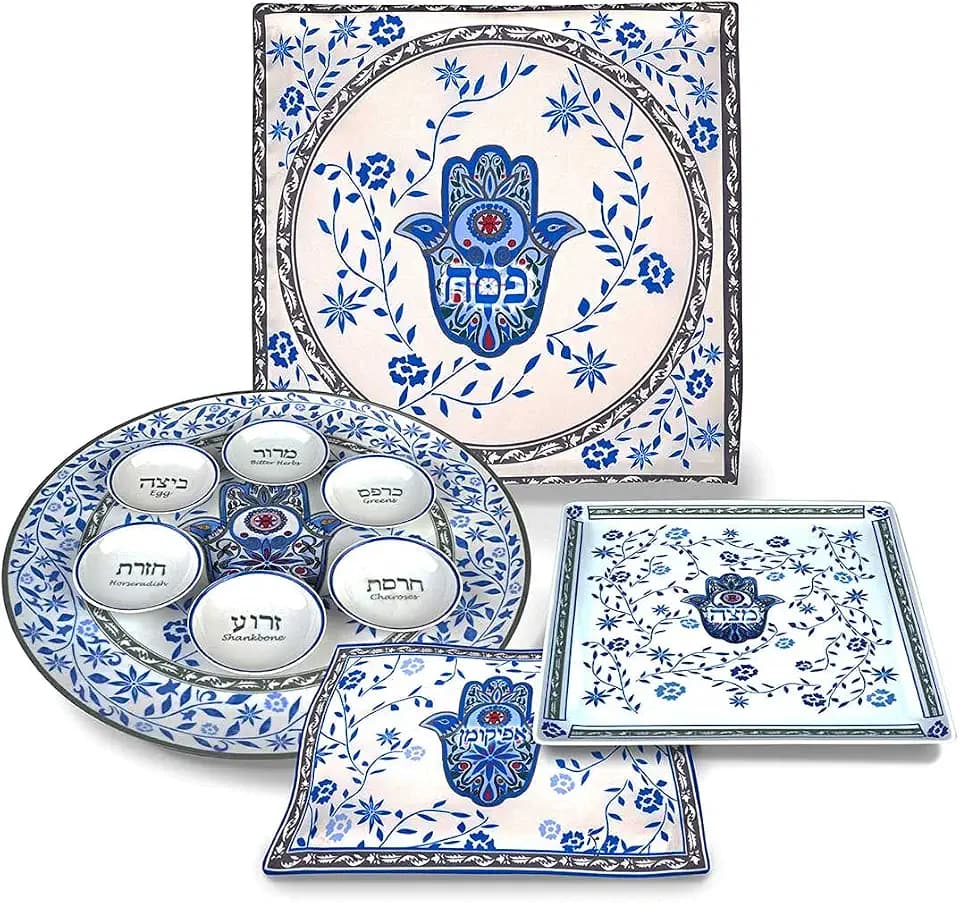 Artistic Passover Seder Dinnerware Set Floral Hamsa Design by Jessica Sporn - Quality Porcelain Round Seder Plate Square Matzah Tray Silk Matzo Cover, Afikoman bag - Pesach Decoration by Aviv Judaica