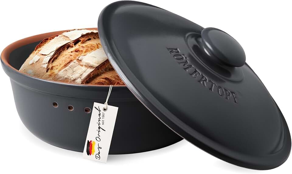 Römertopf Brottopf rund 4,5 L Brotkasten Keramik mit Deckel, Schwarz