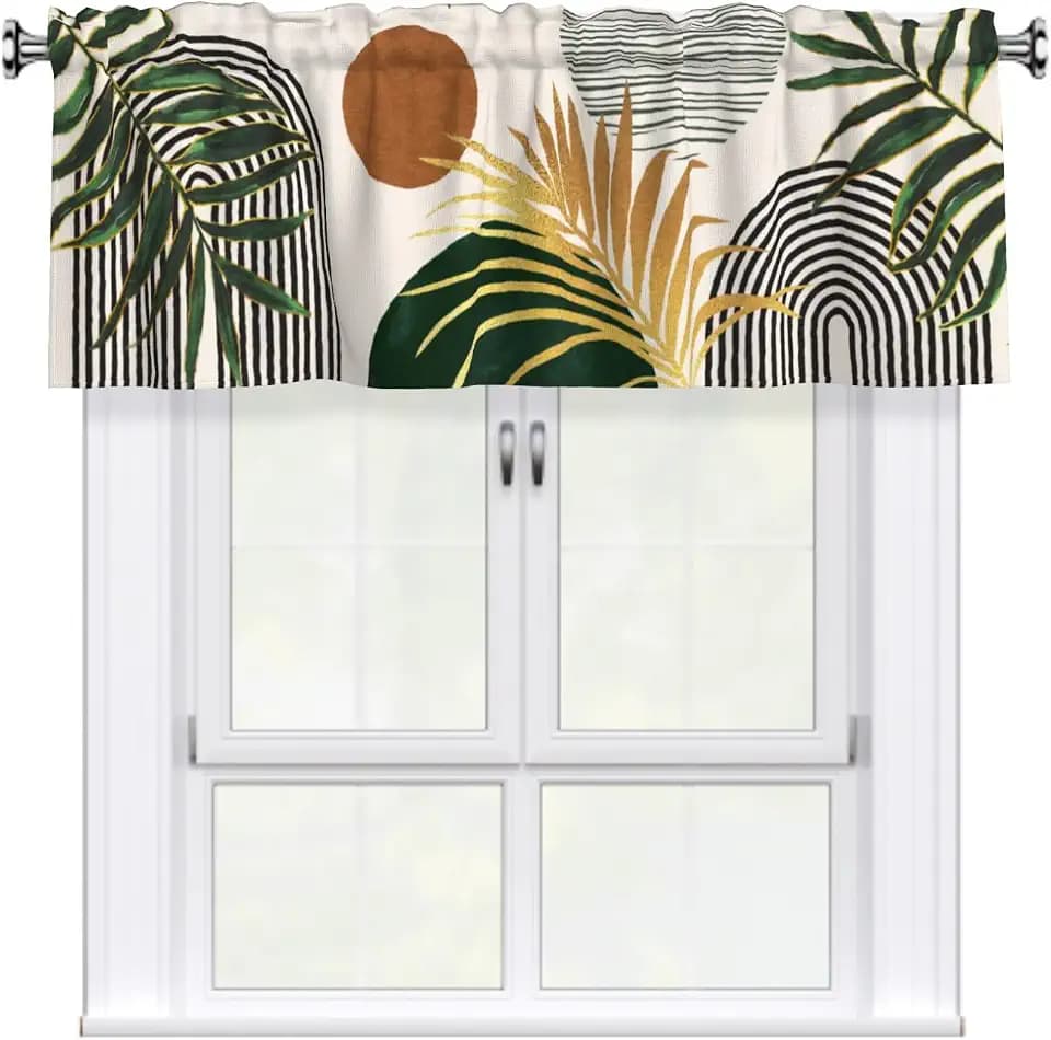 Boho Leaves Kitchen Curtain Valance Mid Century Blackout Rod Pocket Window Treatment Short Drapes 1 Pack for Dining Room Bathroom, 54"x18"
