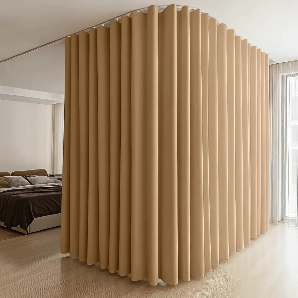 MaKefeile Room Divider Curtains & Flexible Bendable Tracks Set,Privacy Dividers Ceiling Track Curtain Window Blackout Curtains for Living Room Bedroom (W120 × H96 in 1 Panel Khaki Drape & White Rail)