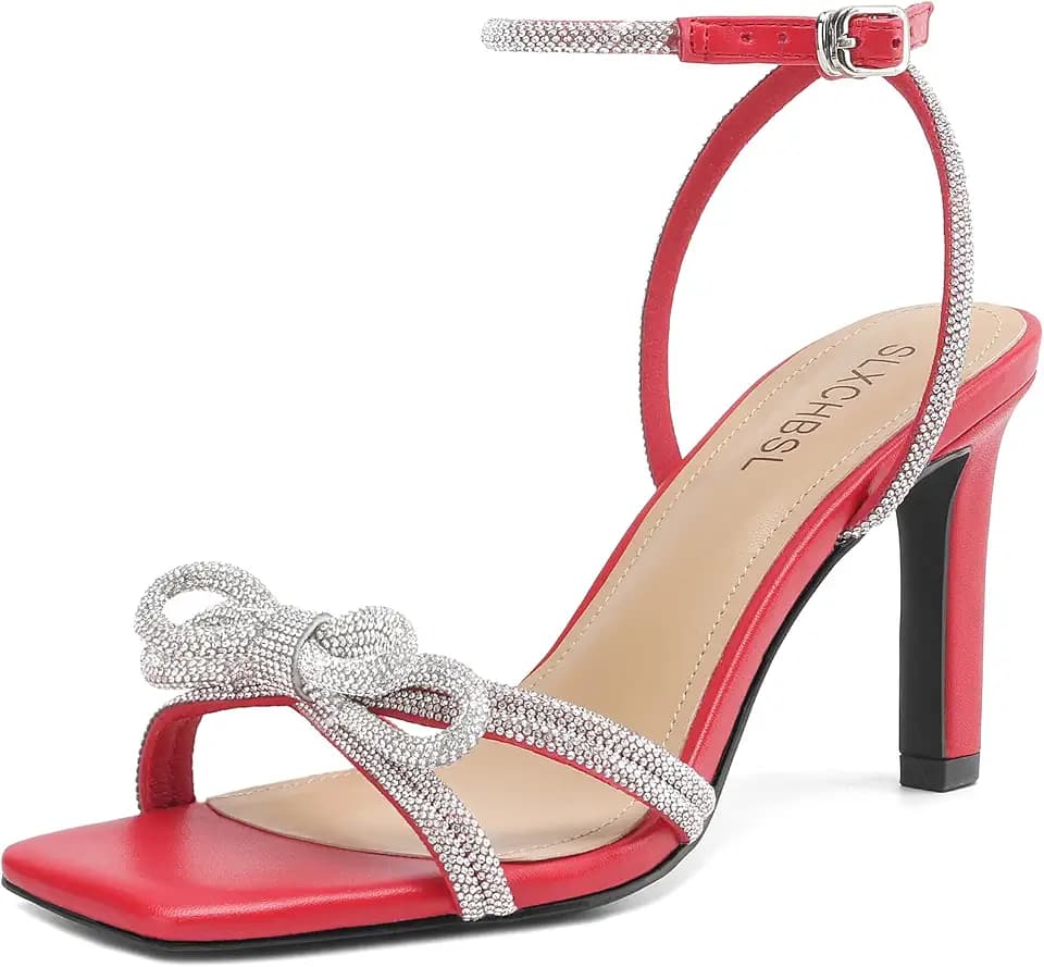 Kitten Heels for Women, Square Open Toe Bowknot with Rhinestones Buckle Heeled Sandals, 3 Inch Strappy Ankle Strap with Shoes for Dress, Daily, Party, Evening, Prom, Formal