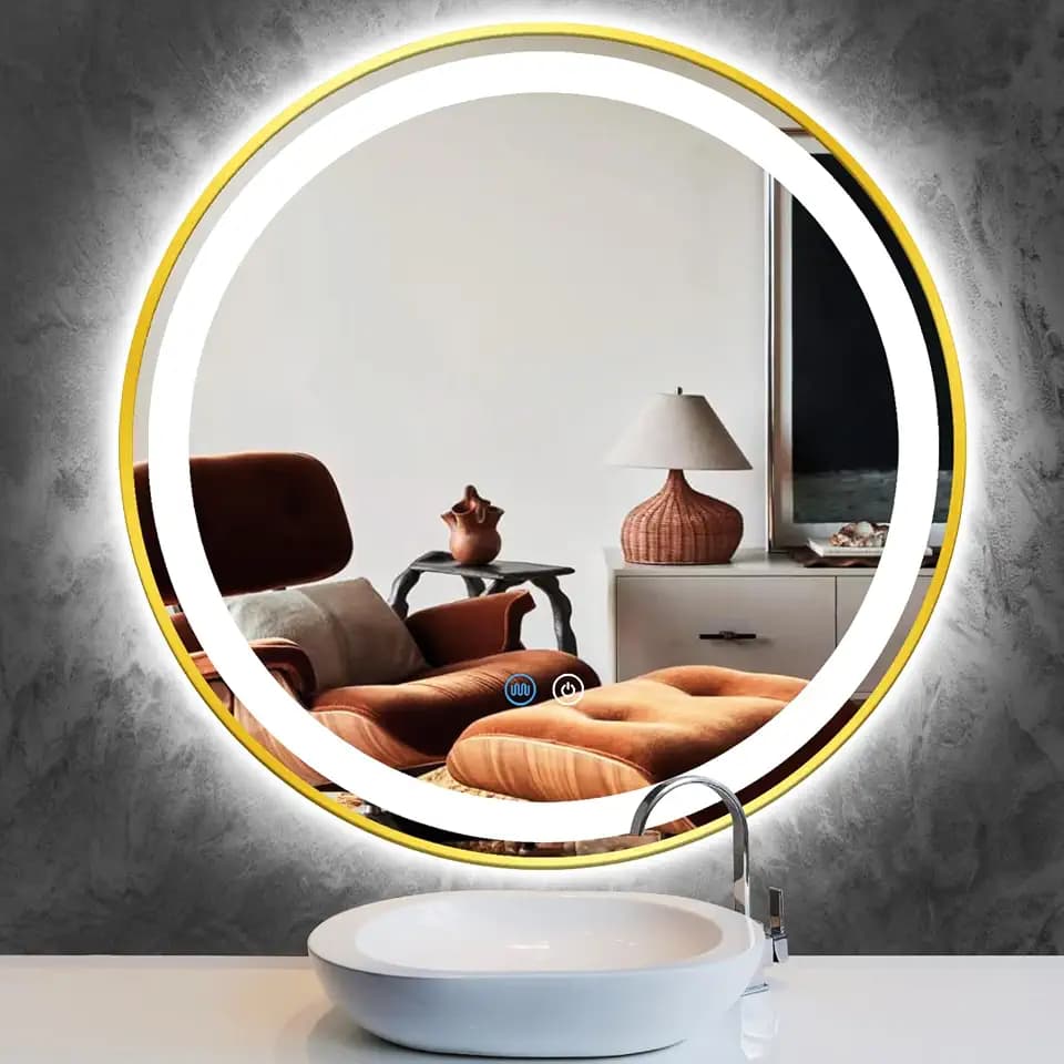 20 Inch Gold Frame LED Round Mirror with Lights Smart Memory 3 Color Dimmable Anti-Fog Gold Framed Round Lighted Mirrors for Bathroom Wall Makeup Golden Circle Round Vanity Mirror with Light
