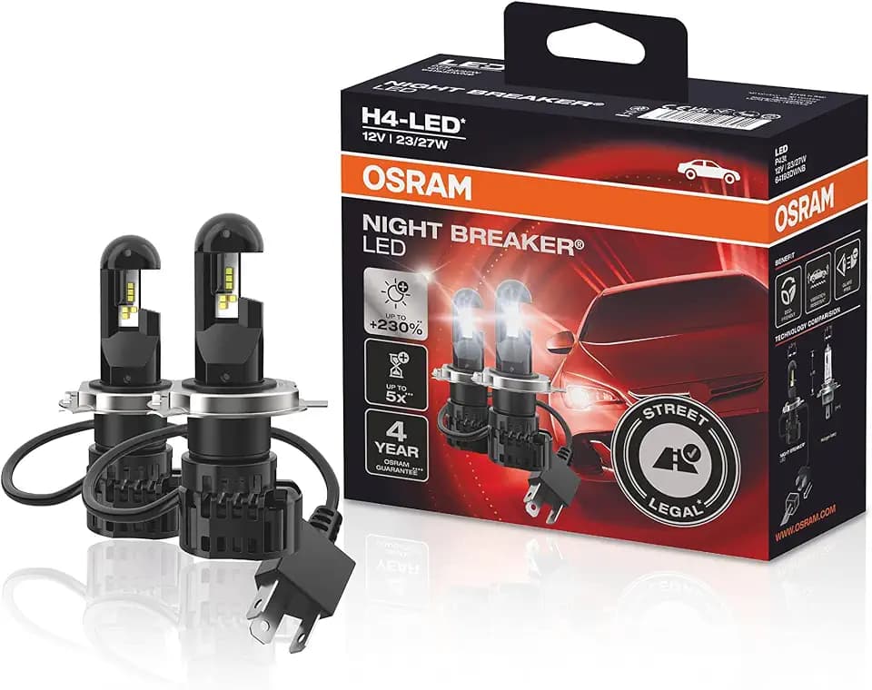 Osram NIGHT Breaker H4-LED; bis zu 230 Prozent mehr Helligkeit, legales Abblend- und Fernlicht mit Straßenzulassung in Deutschland und Österreich, Schwarz