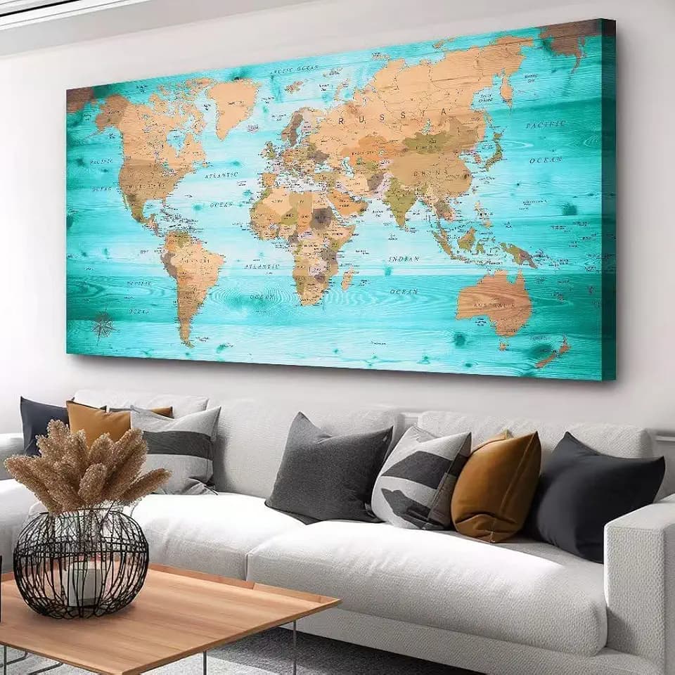 Large Wall Art Blue Painting Ready to Hang 40"x78"Large map of the world Framed Wall Art Canvas world Map Decorations Artwork Prints