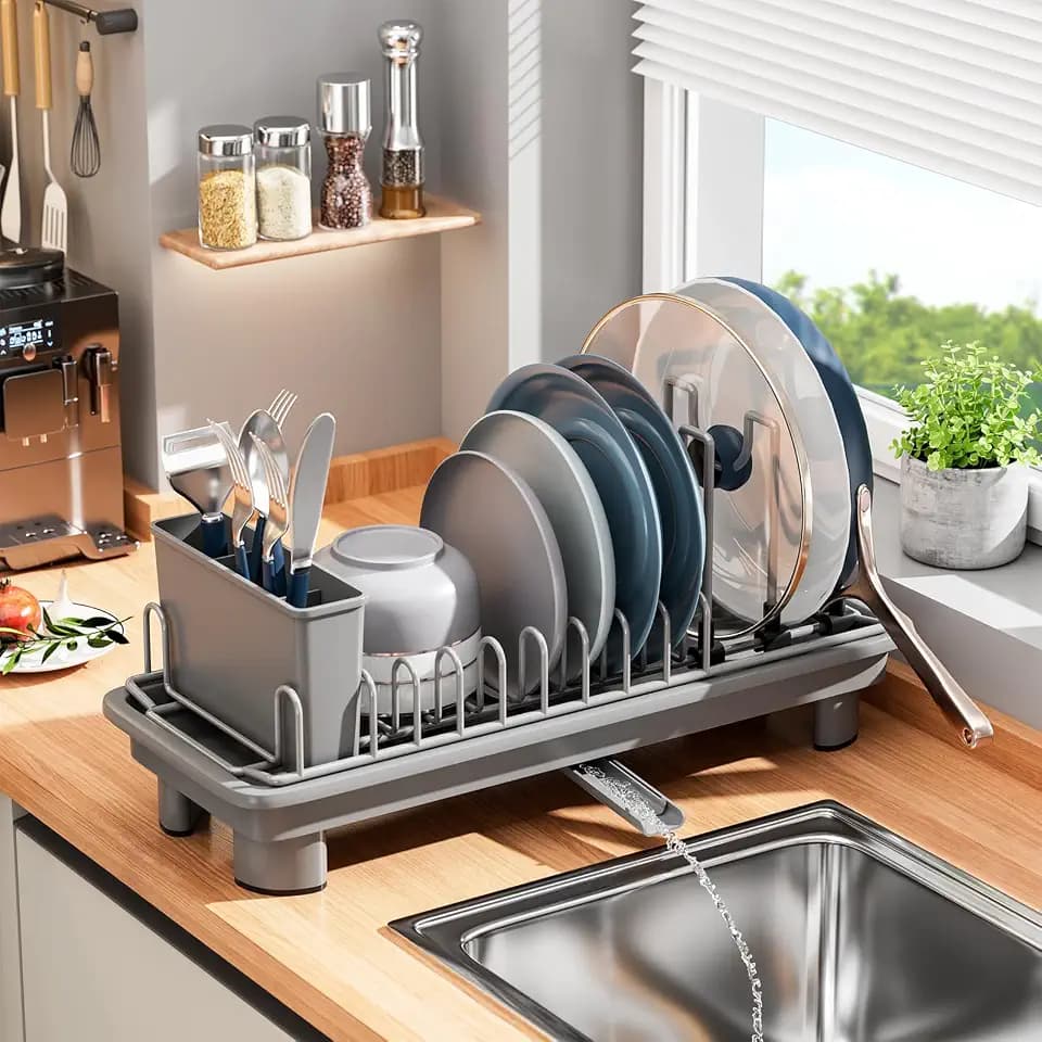 Small Dish Drying Rack, Stainless Steel with Drain Board & Utensil Holder