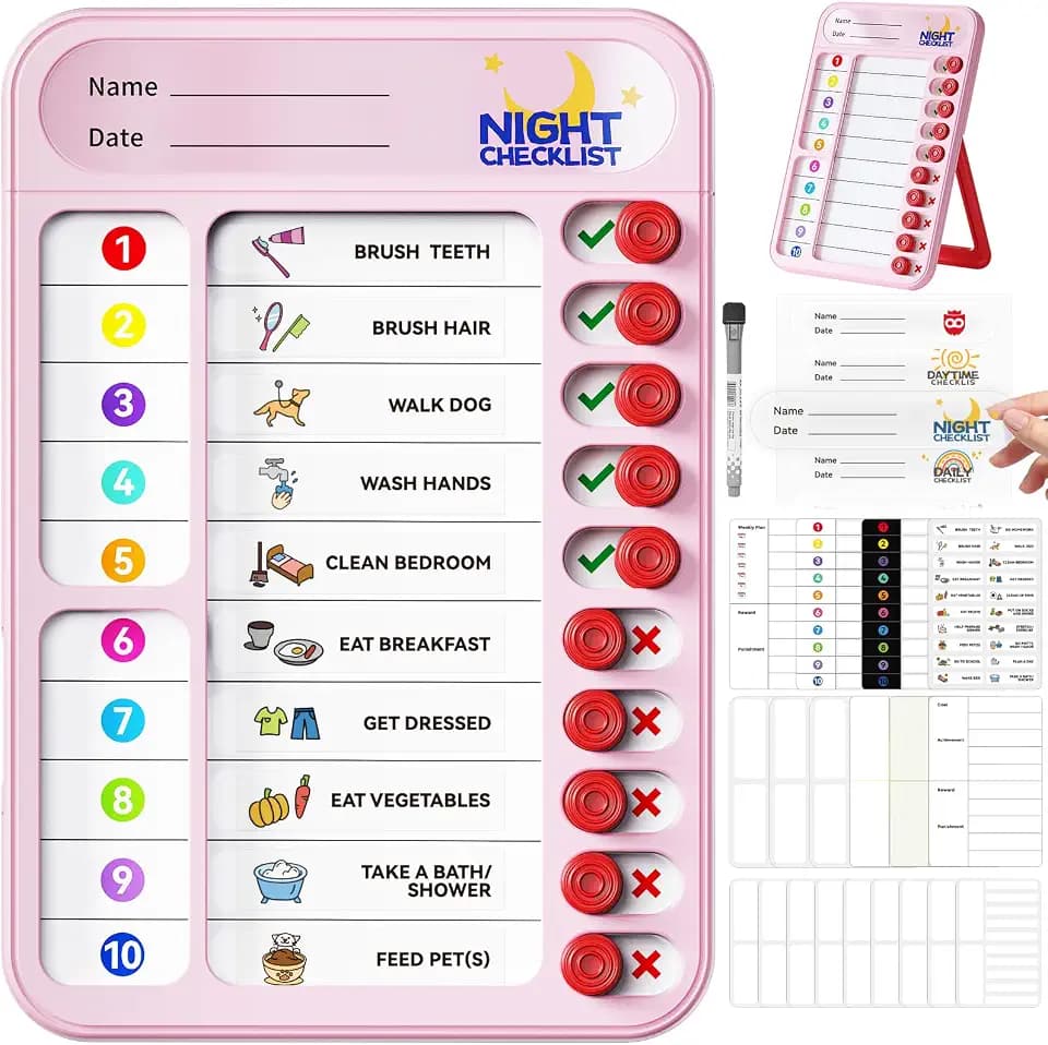 Chore Chart for Kids ADHD Tools to Do List Checklist Magnetic Planning Board with Sliders, Visual Schedule Board with Dry Erase Sheets, Sticker, Marker, Routine Chart for Kids - Pink