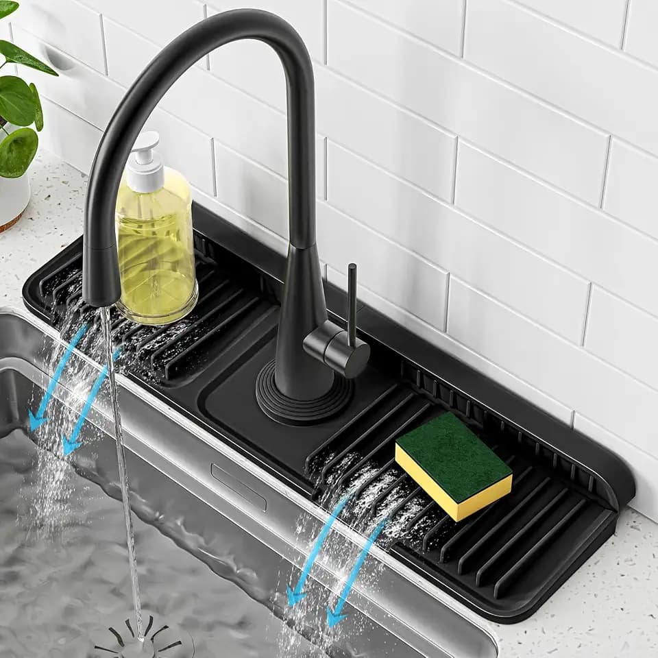 PoYang 17.7 Inch Faucet Mat for Kitchen Sink Splash Guard, Silicone, Black