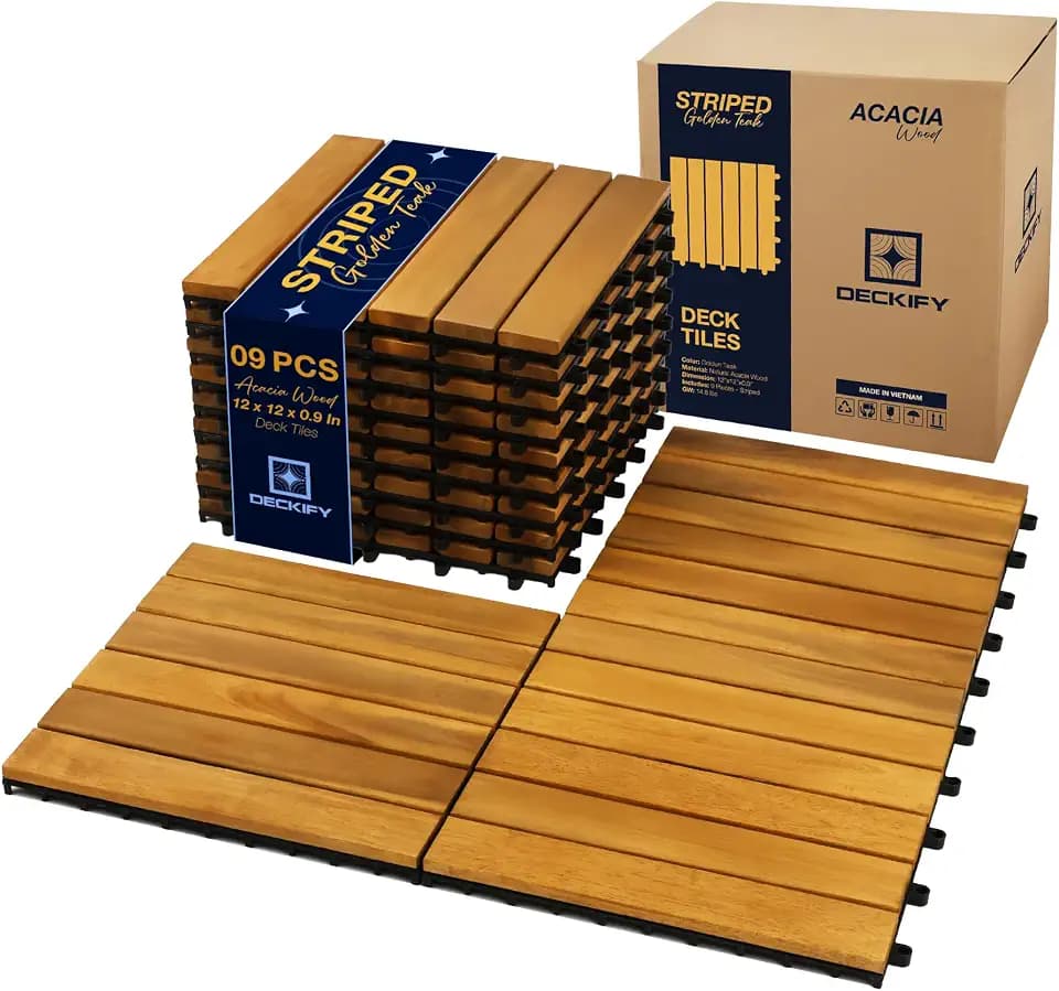 Acacia Interlocking Deck Tiles Outdoor Waterproof, Golden Teak Striped