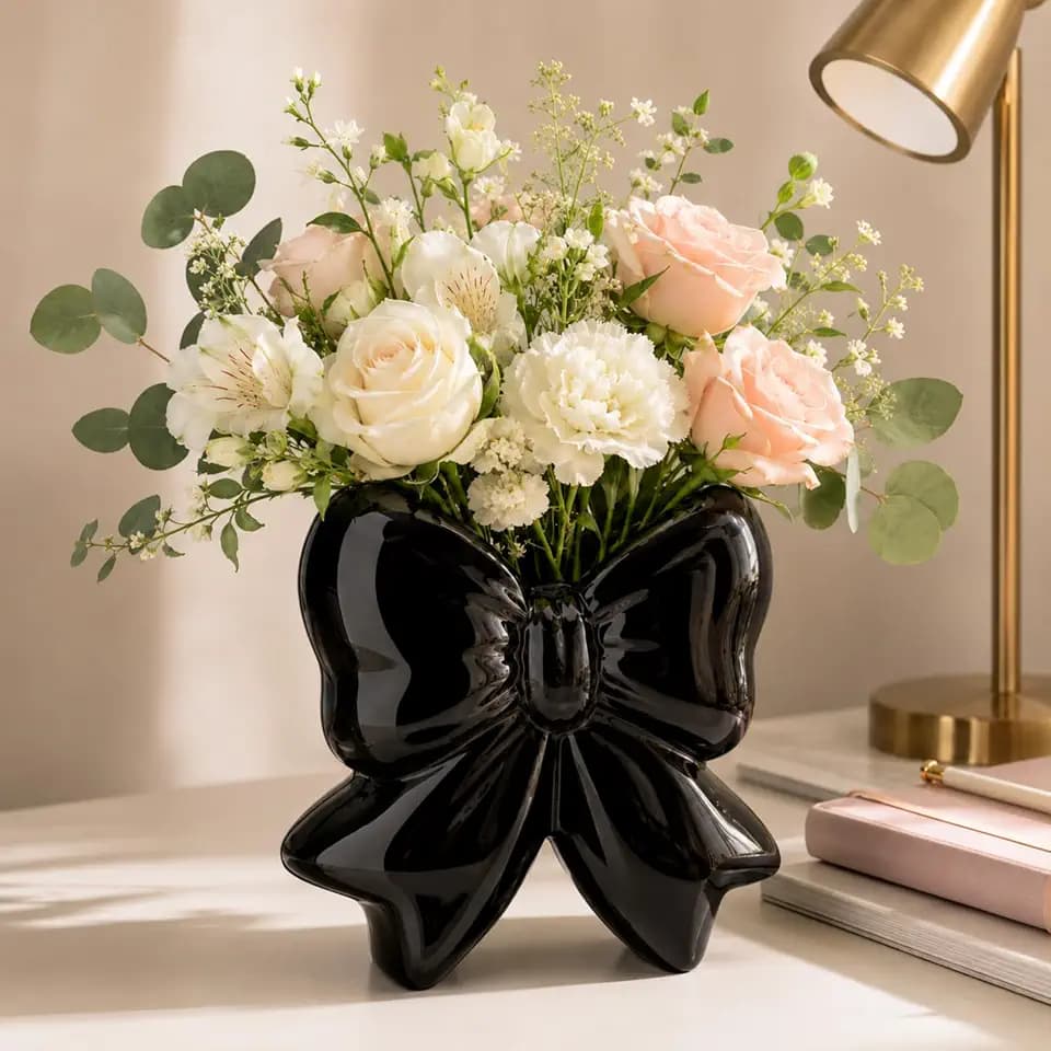 Jingmore Ceramic Bow Vase Brush Holder,Small,Classic,Black