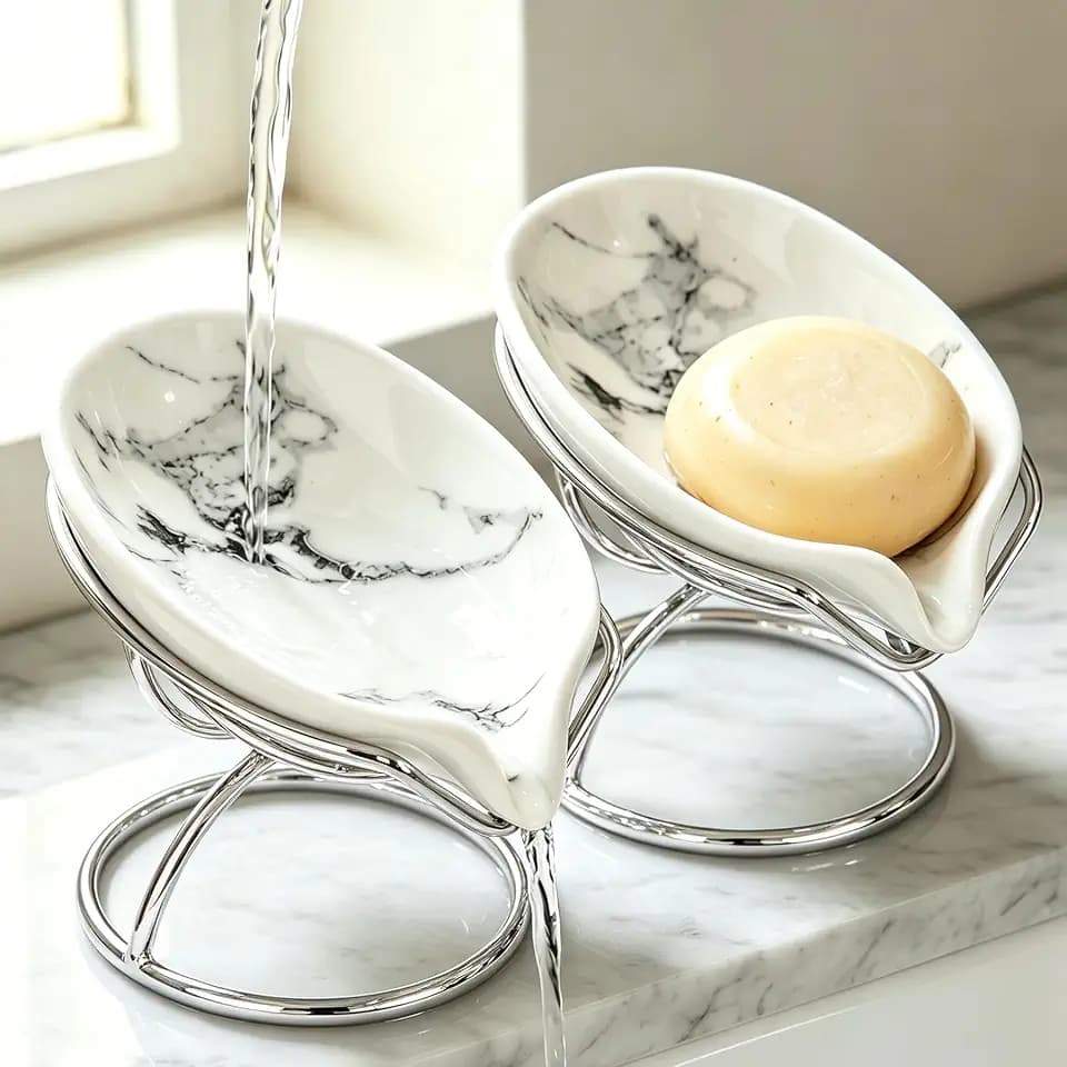 Dobbyby Leaf-Shaped Soap Dish – Ceramic Soap Bar Holder with Self-Drainage System – Bar Soap Holder for Shower, Bathroom Sink, Kitchen – Soap Dish with Stainless Steel Stand (White-Sliver-2 Pack)