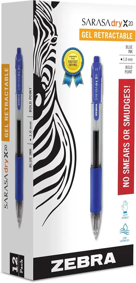 Zebra Pen SARASA X20 Retractable Gel Pen, Blue Ink, 1.0mm, 12-Pack