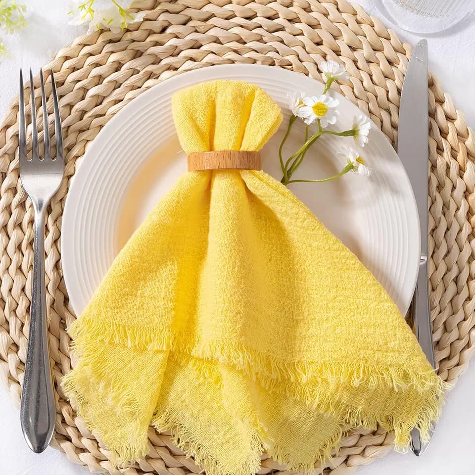 Cloth Napkins with Fringe 10 Pack 17"×17" Boho Cotton Linen Napkins Yellow