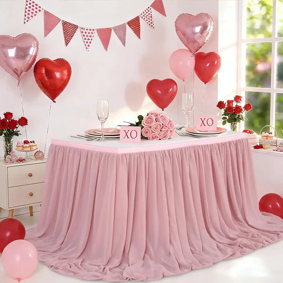 Dusty Rose Table Skirt 9FT Sheer Table Skirting 2 Layer Rectangle Tablecloth for Birthday Baby Shower Wedding