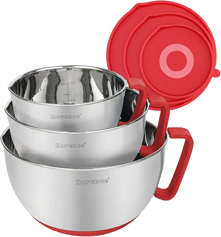 Rorence Stainless Steel Mixing Bowls Set with Lids,1.5,3 & 5 Qt,Red