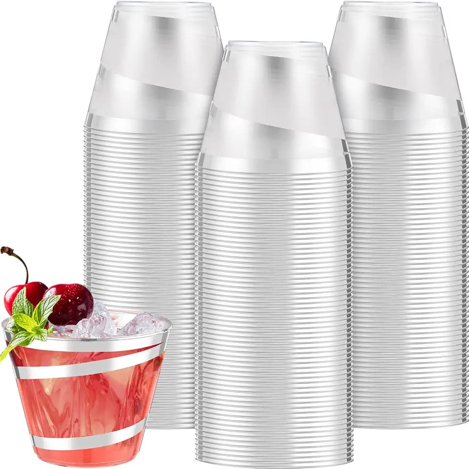 Gejoy 100 Pcs 9 oz Rimmed Swirl Plastic Cup, Silver, Classic