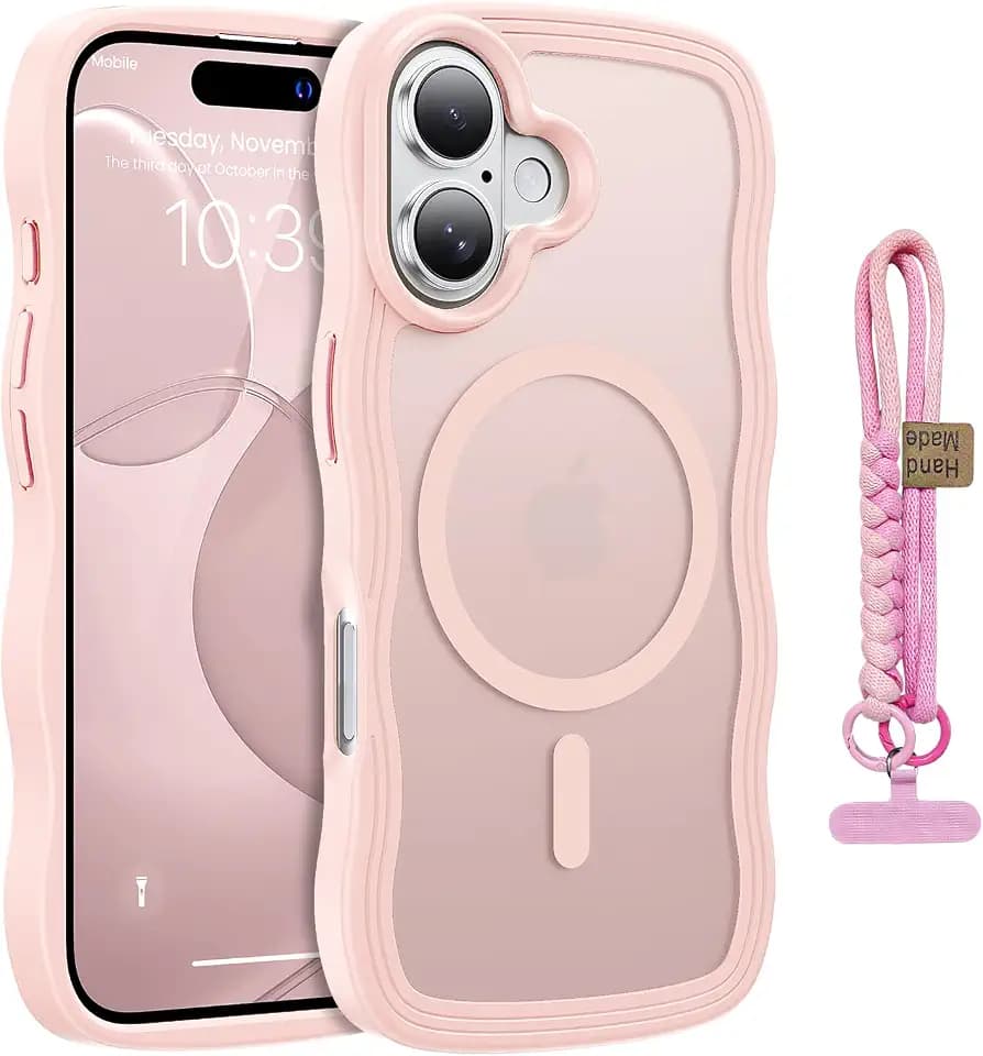 for iPhone 17 Case Cute Wavy Pink, Color-Matched Lanyard