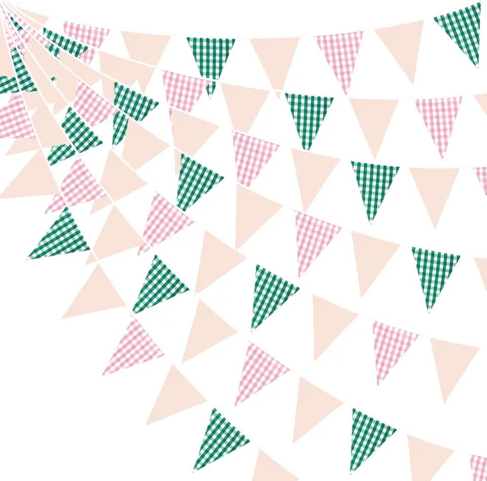 32Ft Pink Green Gingham Camp Bride Banner Green Pink Plaid Checkered Fabric Triangle Flag Pennant Garland Streamers for Camping Bachelorette Glamping Bridal Shower Wedding Birthday Party Decorations