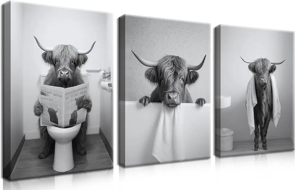 Funny Bathroom Highland Cow Wall Art, Black and White Cute Cow Animal Canvas Posters Prints Set of 3, Vintage Rustic Farmhouse Home Pictures Wall Decor Painting for Bathroom Restroom Framed 12x16 Inch