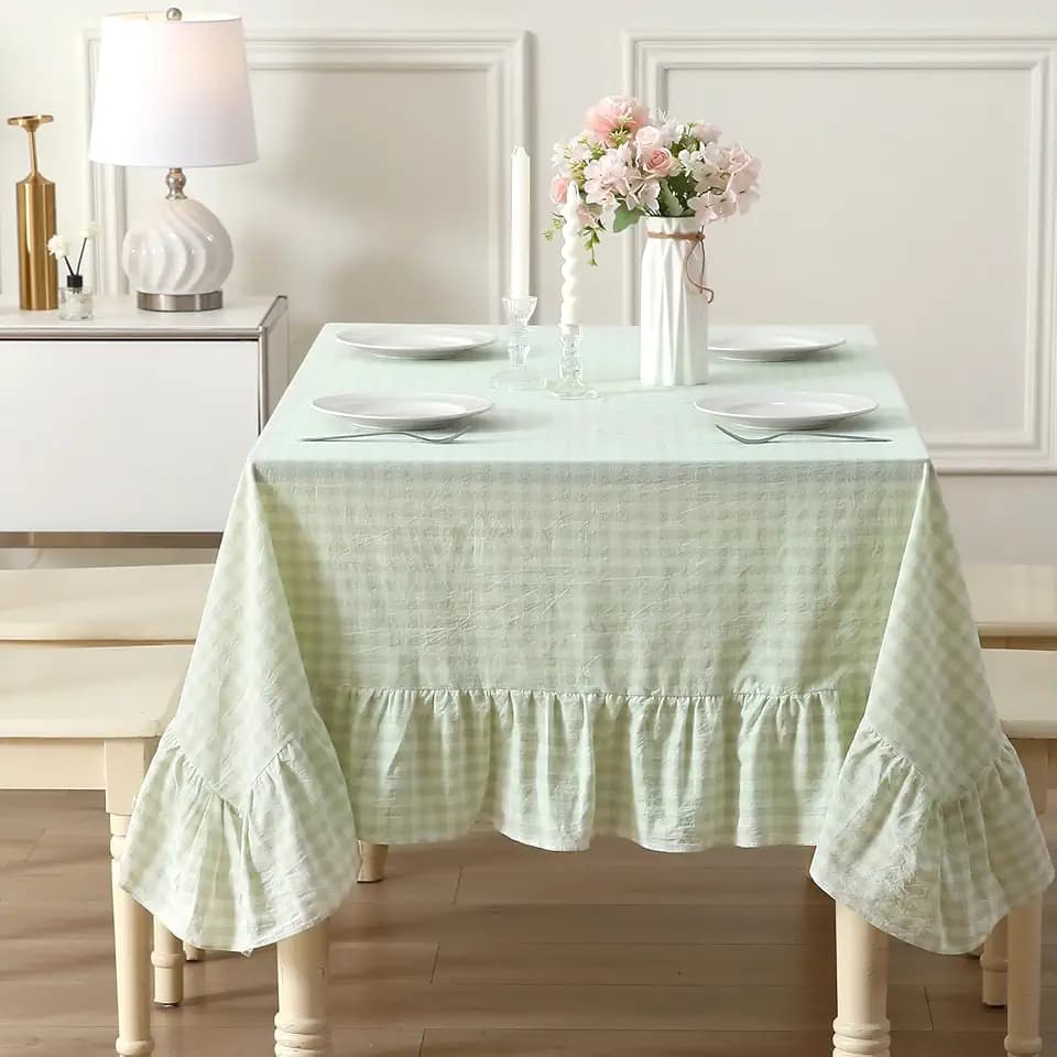 Pile Green White Gingham Ruffled Table Cloth Rectangular 70"x52"
