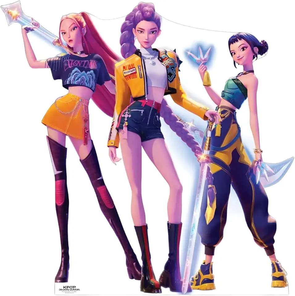 KPop Demon Hunters Huntrix Cardboard Cutout Standee – Life Size Character Display for Fans, Parties, or Room Décor – Rumi, Myra, and Zoey Group Cardboard Figure - Officially Licensed