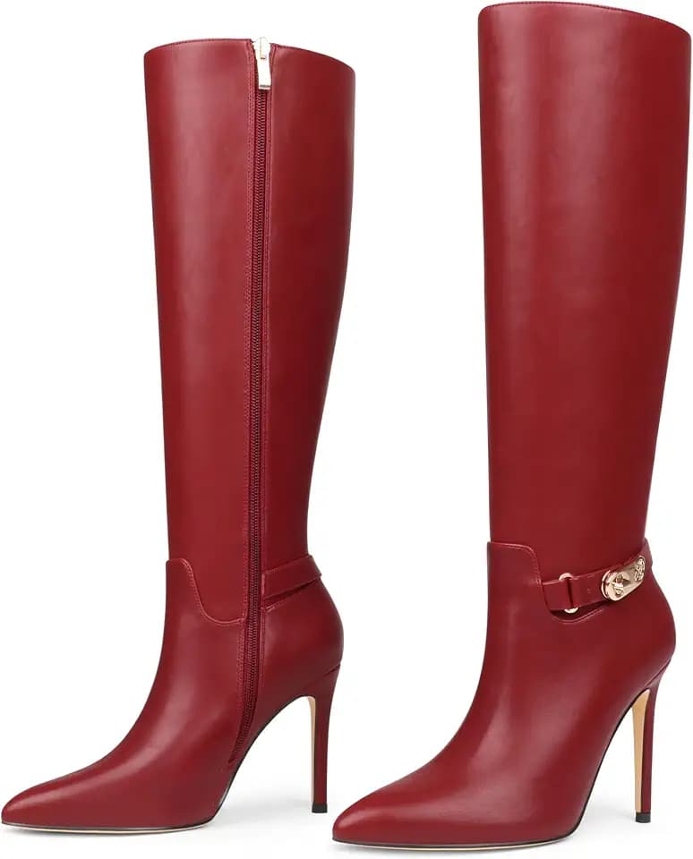 COLETER Women Knee High Boots Pointed Toe Stiletto Buckle Slouch Tall Boots